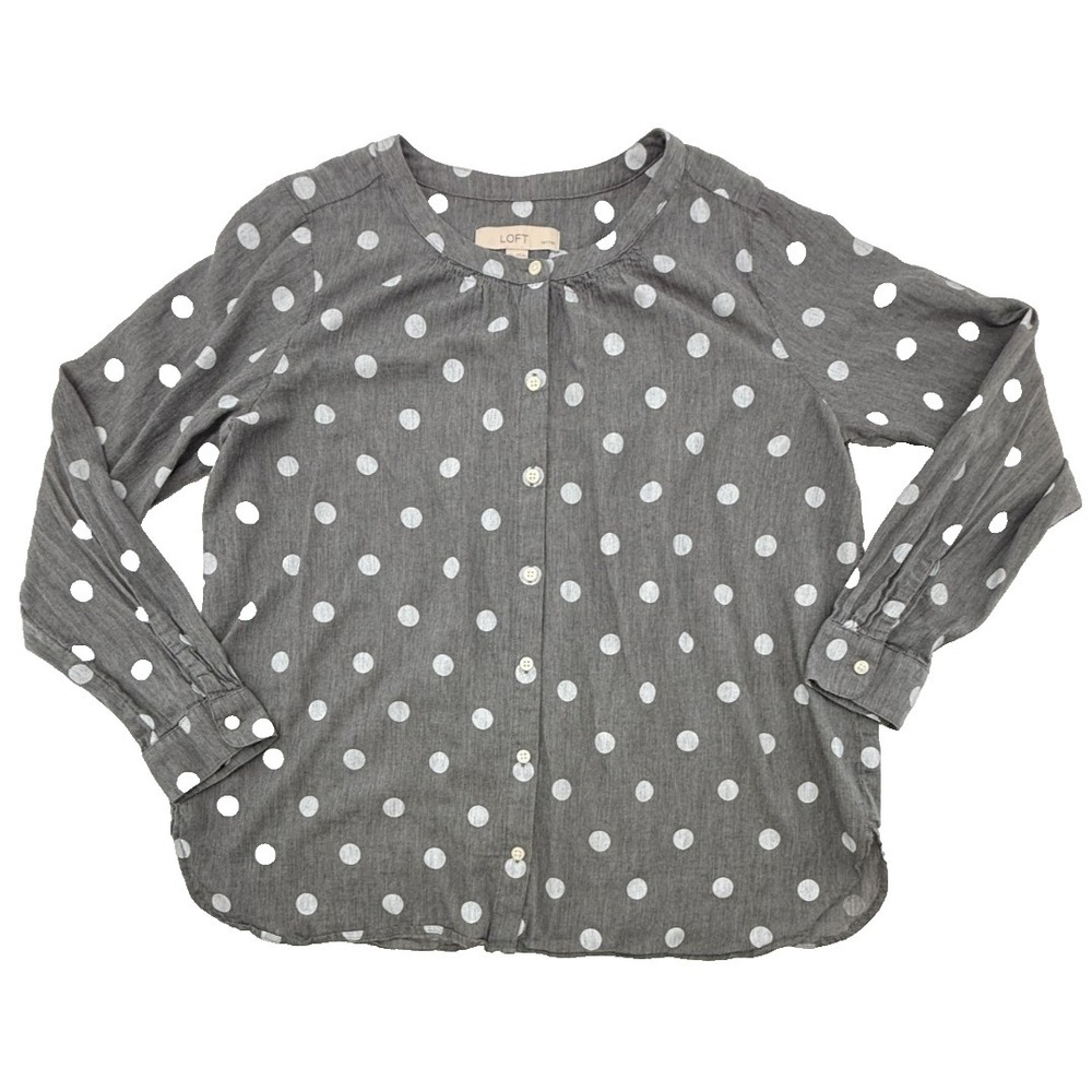 LOFT Blouse Medium Petite Gray White Polka‎ Dot Button Front Long Sleeve Top
